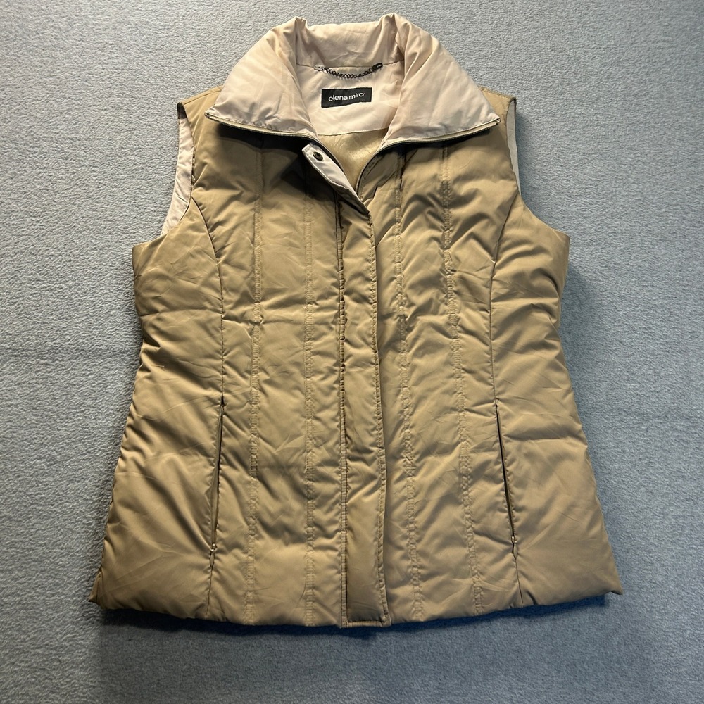 Elena Miro Puffer Vest Womens 12 Beige Quilted Full Zip Snap Front Jacket Travel